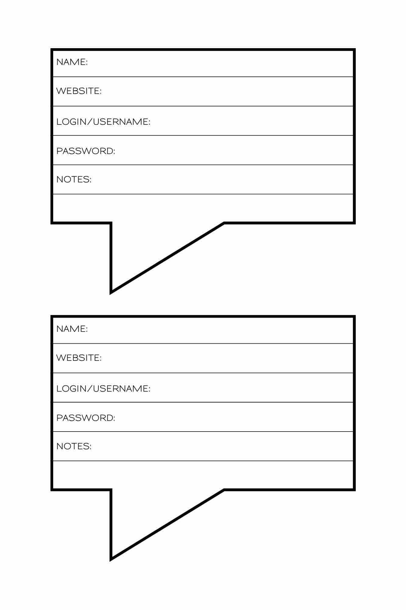 Interior pages with repeating speech-bubble password entry forms