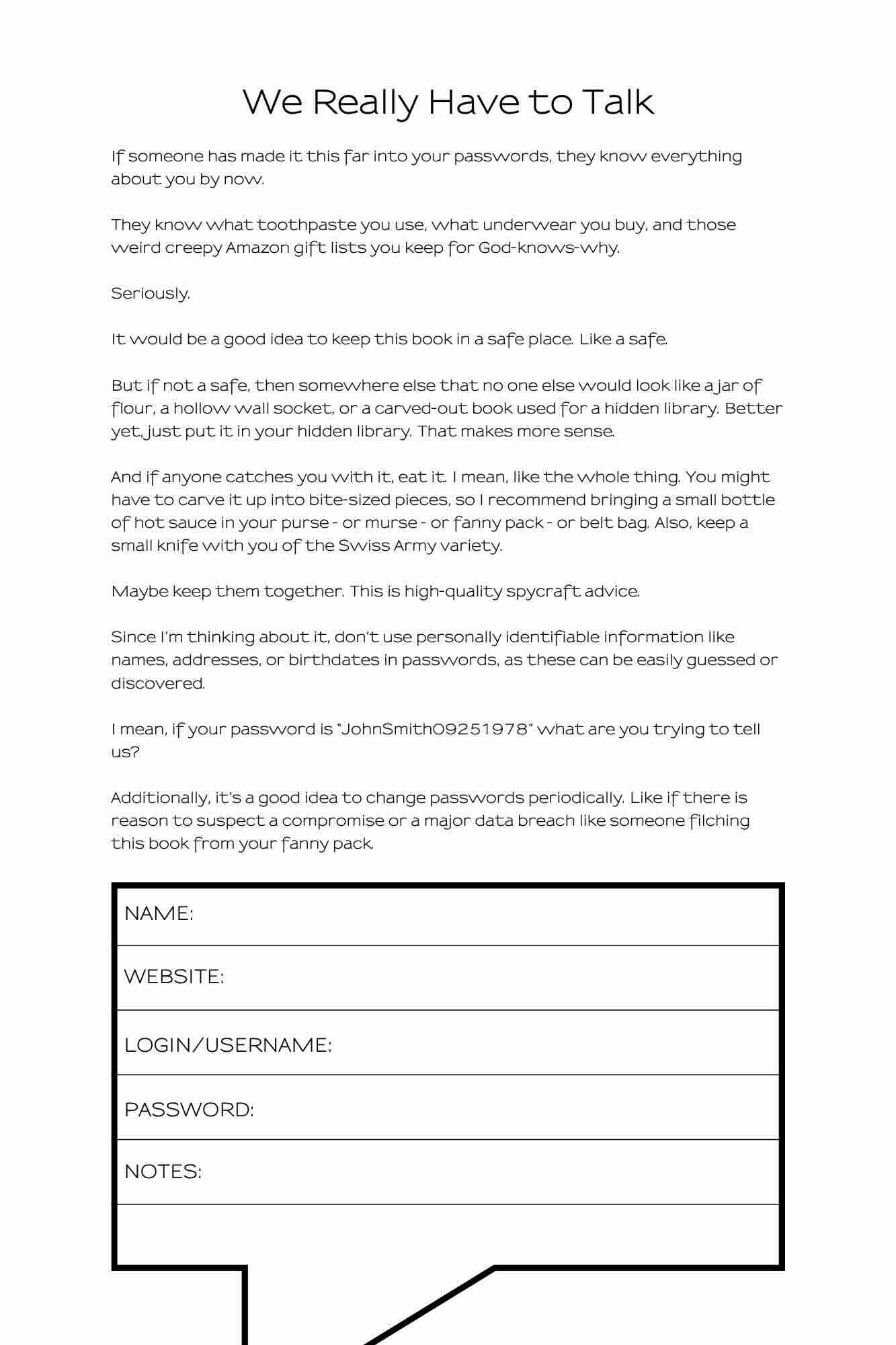 Interior page with humorous security warning and password entry form