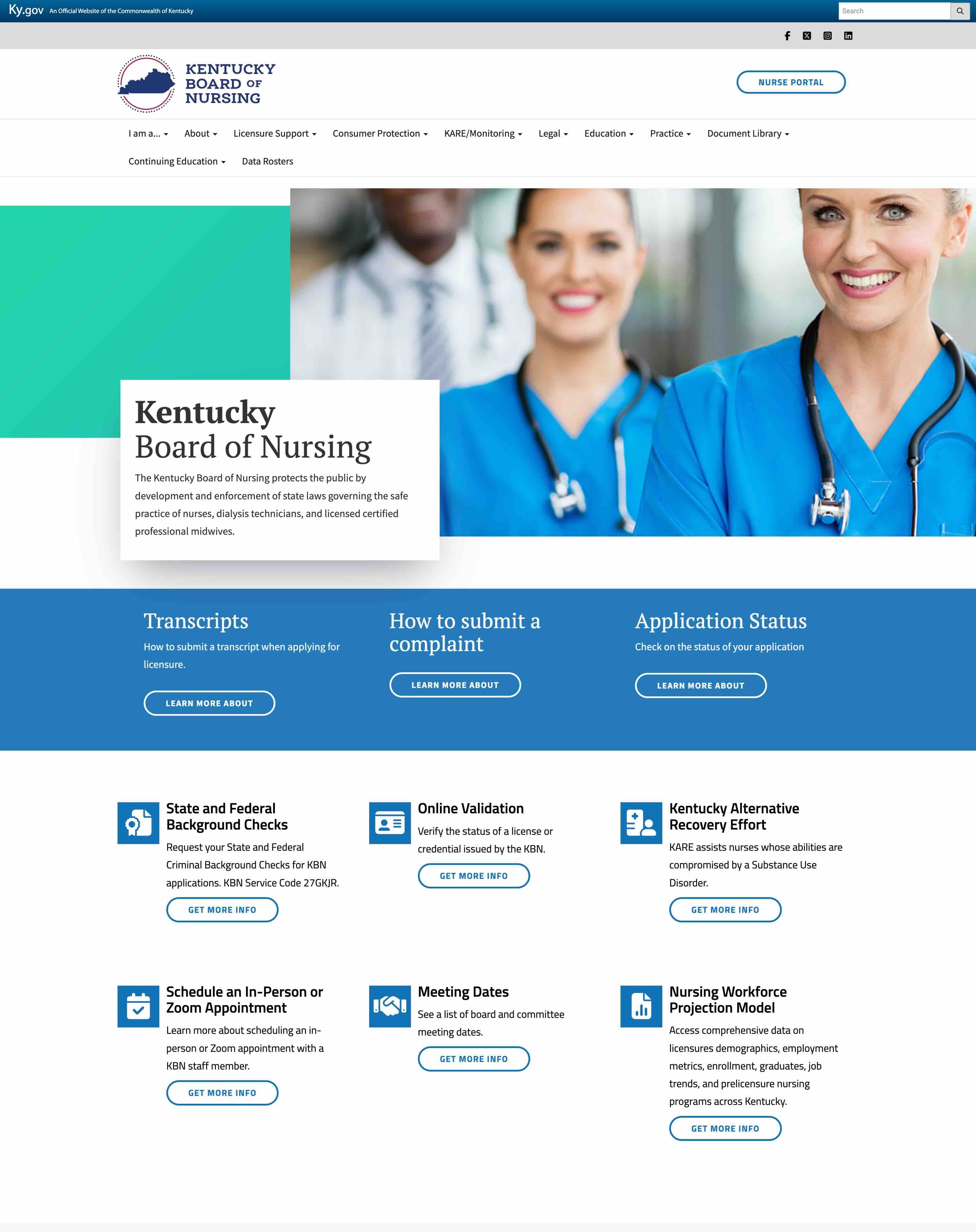 Kentucky Board of Nursing homepage expanded view