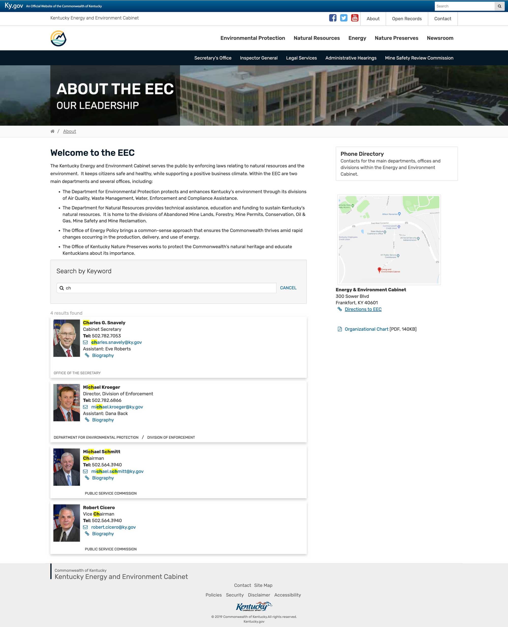 EEC leadership page with live directory search.