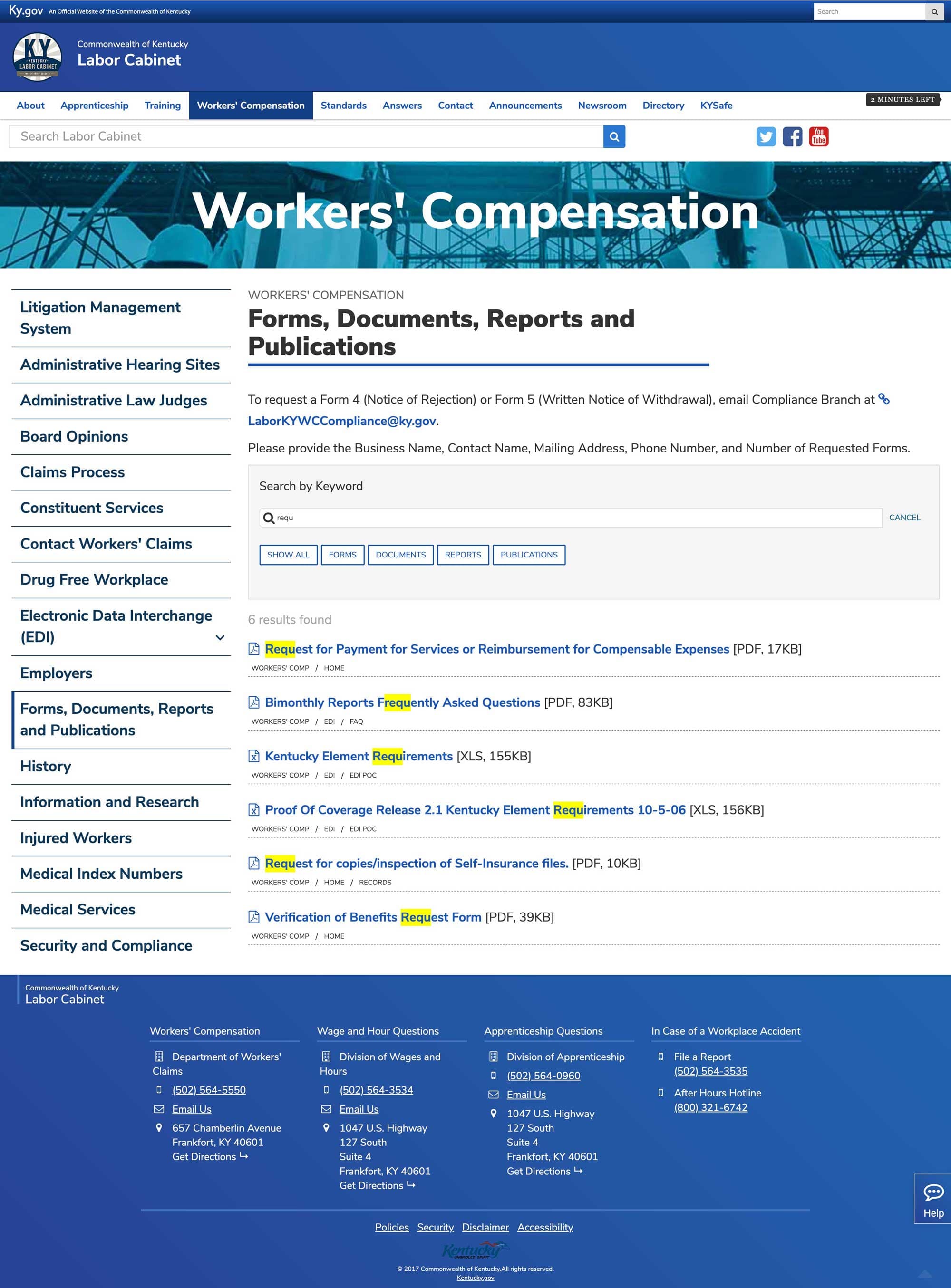 Kentucky Labor Cabinet document search page.