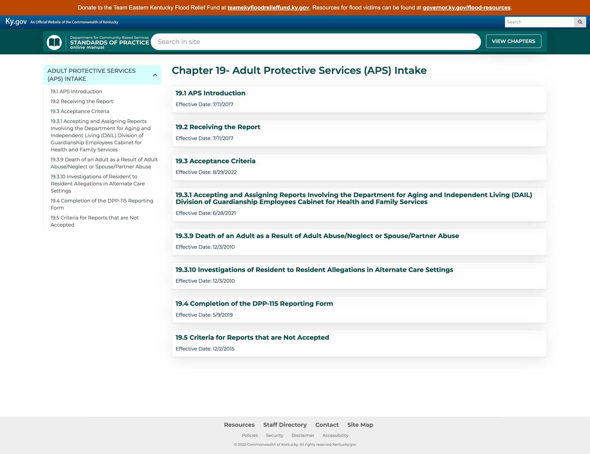 CHFS Standards of Practice Manual chapter view.