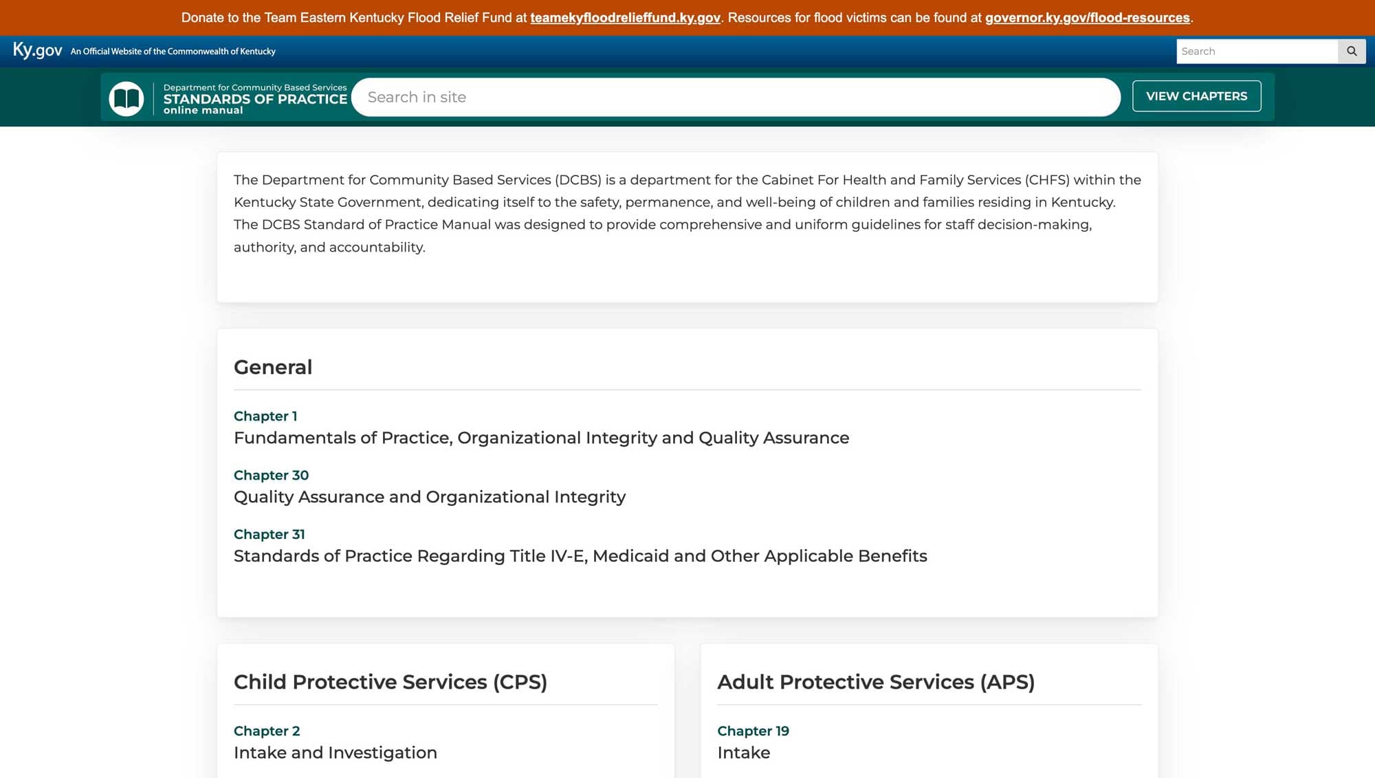 CHFS Standards of Practice Manual homepage.